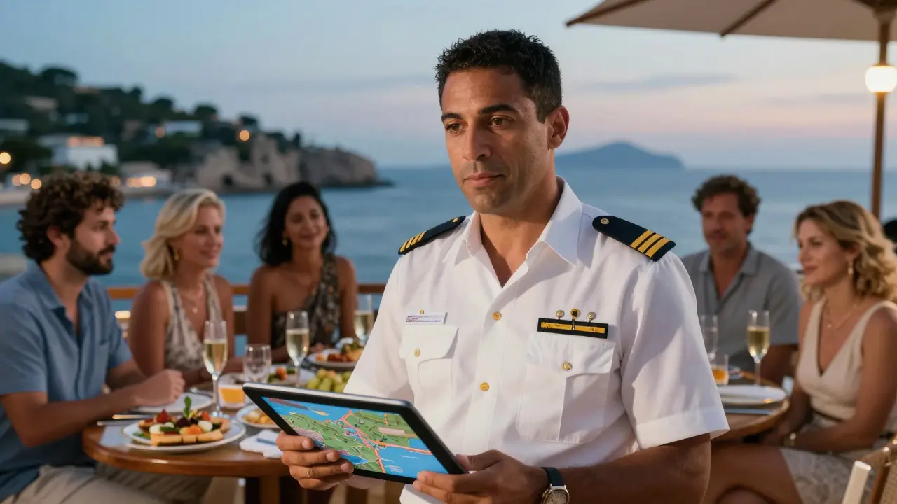 Capitán profesional hablando con invitados internacionales en la cubierta de un yate, mostrando experiencia y servicio excepcional.