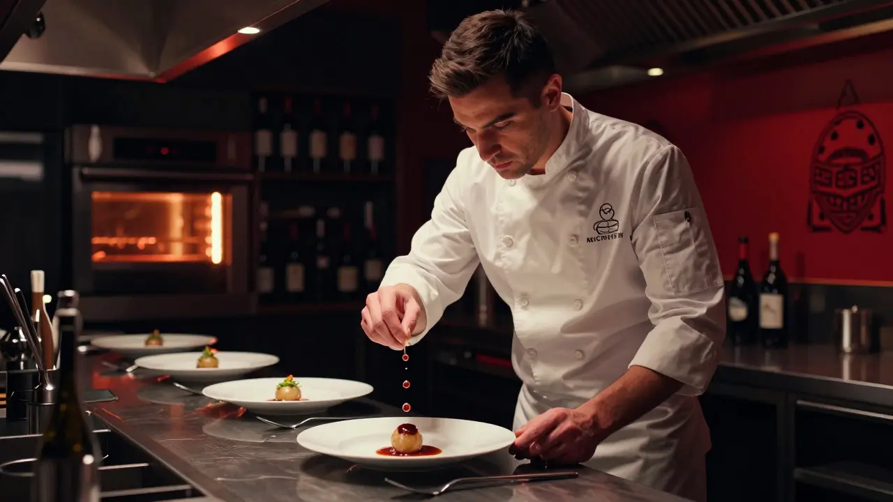 Chef experimentado enseñando técnica de emplataje a un ayudante en restaurante de alta gama de Bilbao.