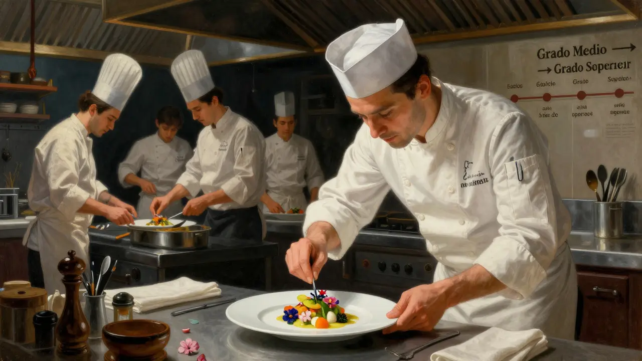 Chef plating un plato de alta gastronomía en un restaurante con estrella Michelin.