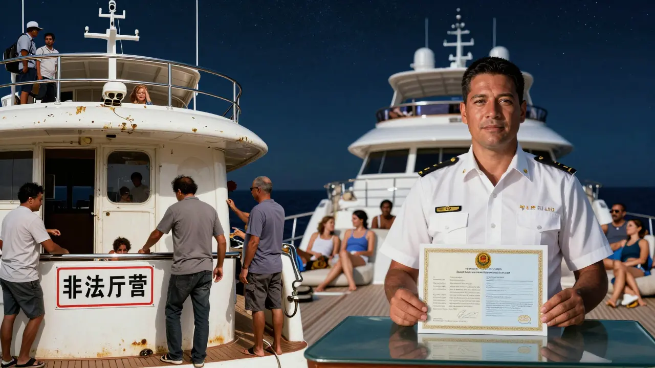 Contraste entre un capitán sin licencia en un yate peligroso y uno certificado en un yate de lujo, con documentos legales visibles.