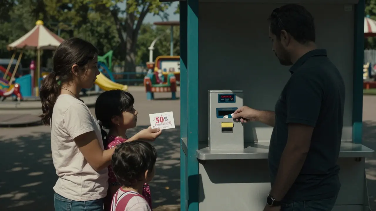 Contraste entre una familia que recibe descuento y otra que paga precio completo en la entrada de un parque temático.