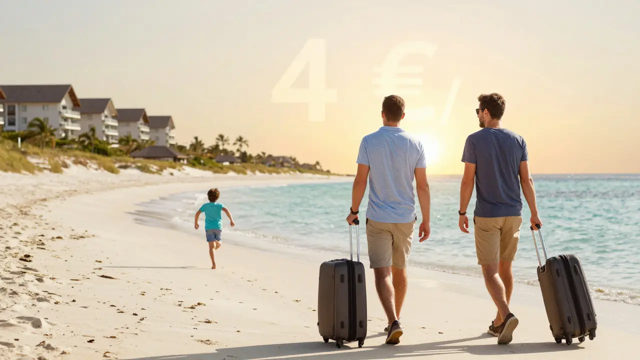 Dos adultos caminan lejos de un resort al atardecer mientras un niño juega en una playa limpia.