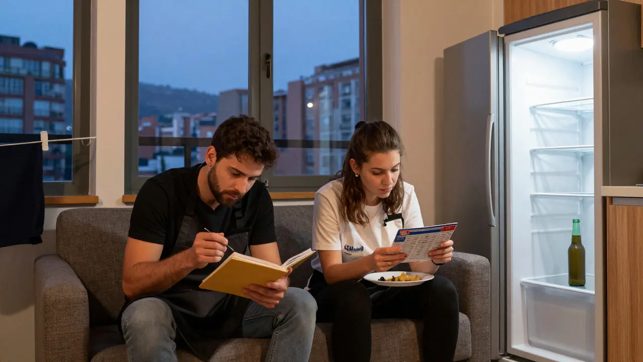 Dos ayudantes de cocina compartiendo una cena en su piso de Bilbao, uno estudia recetas mientras otro mira el horario del metro.