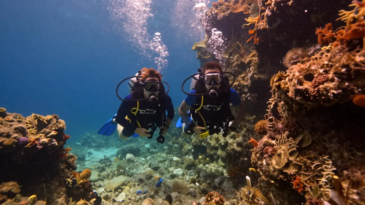 Dos buceadores explorando un arrecife rocoso bajo el agua en pareja.