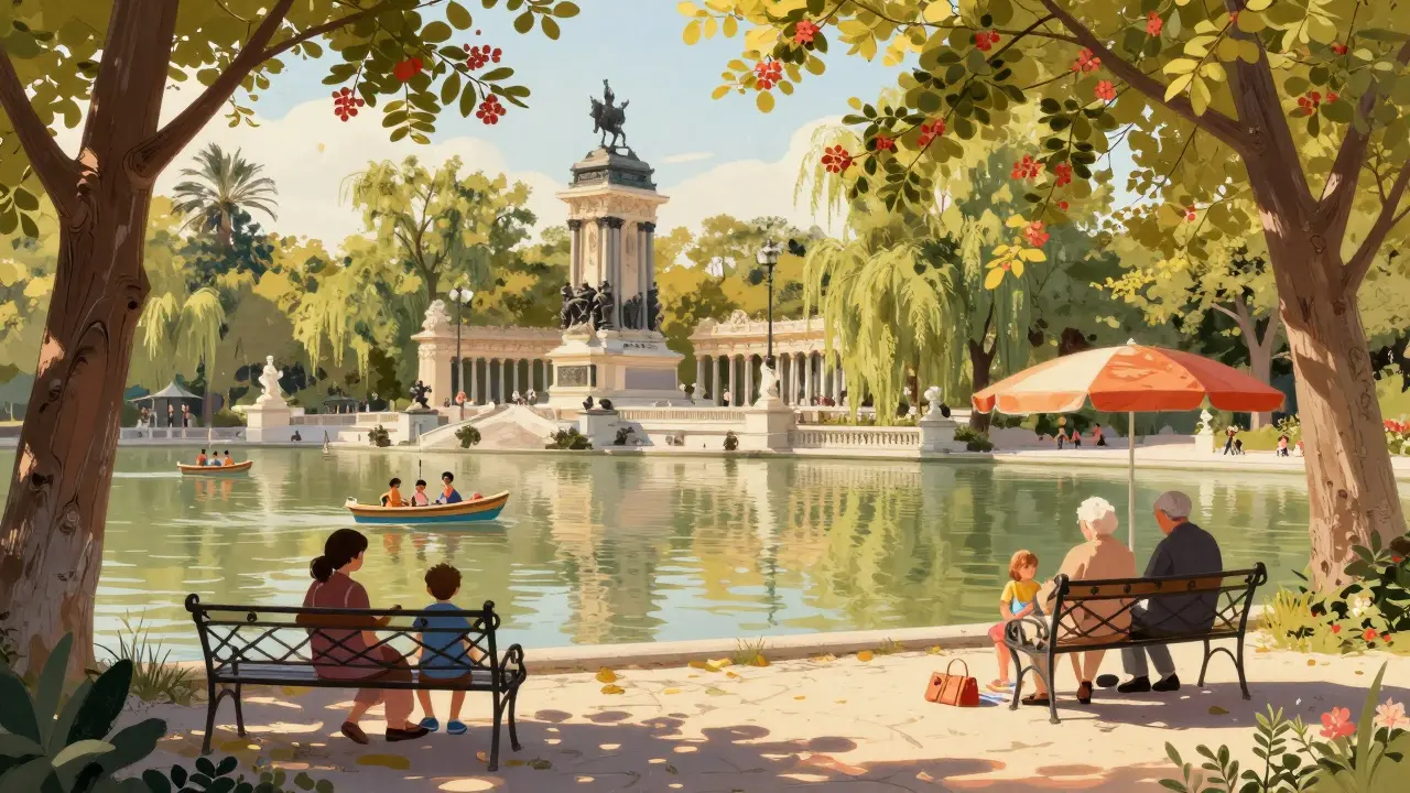 Escena primaveral en el Parque del Retiro con laguna y actividades familiares