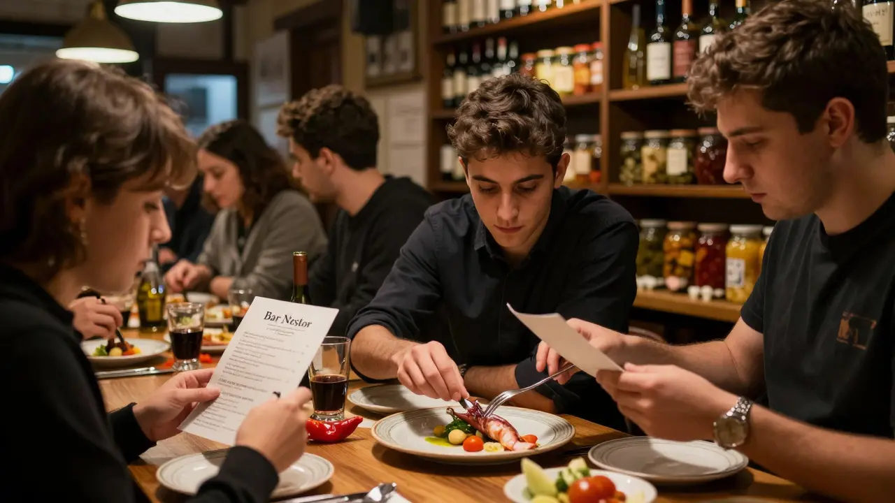 Estudiantes en práctica en Bar Nestor sirviendo pintxos a clientes durante la cena en un bar vasco tradicional.
