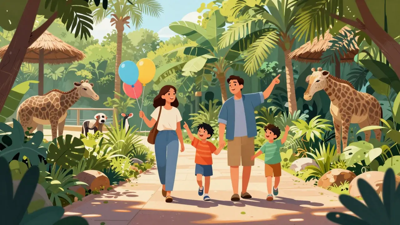 Familia española disfrutando de un sendero verde dentro del parque.