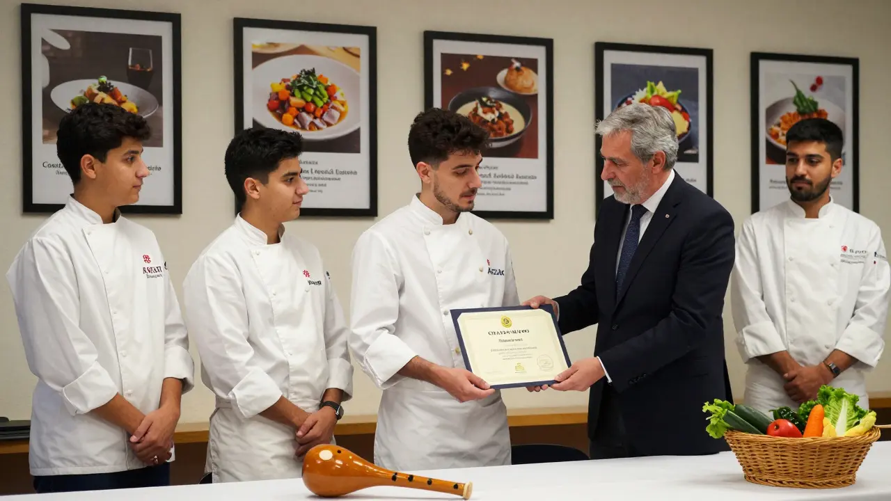 Graduados de cocina recibiendo su título oficial en Bilbao con fondos de restaurantes de renombre como Arzak.