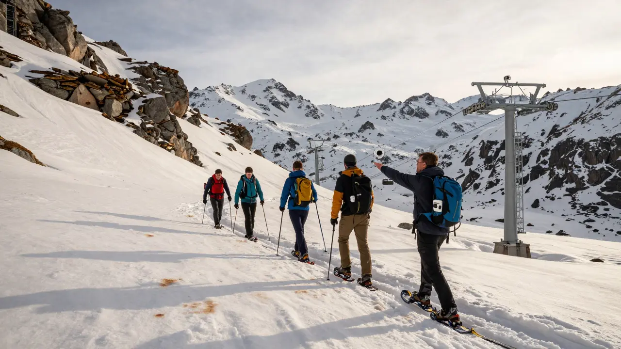 Grupo explorando zonas altas con raquetas y verificando condiciones de nieve
