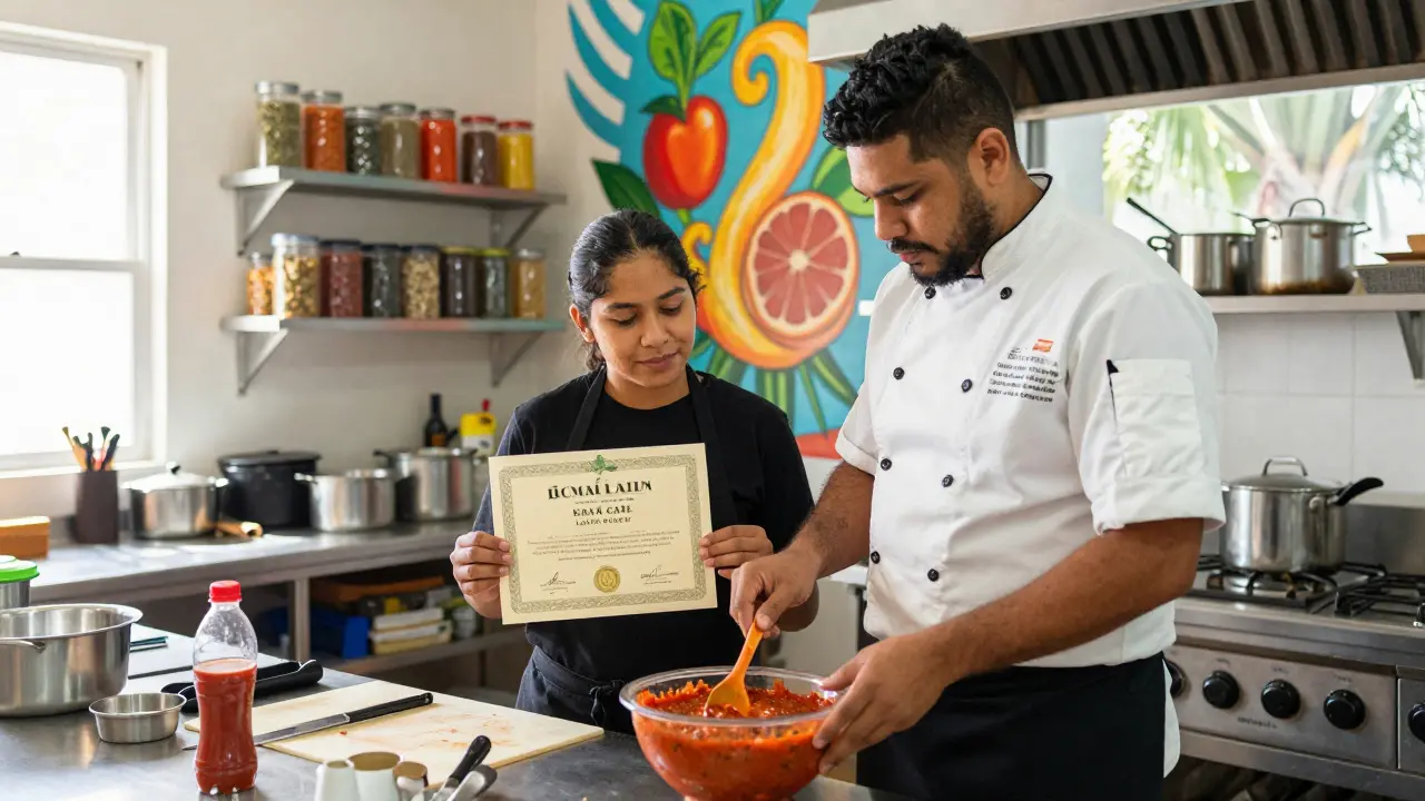 Joven ayudante recibiendo capacitación en salsa latina en Miami, sosteniendo un certificado de curso de cocina junto a un chef.