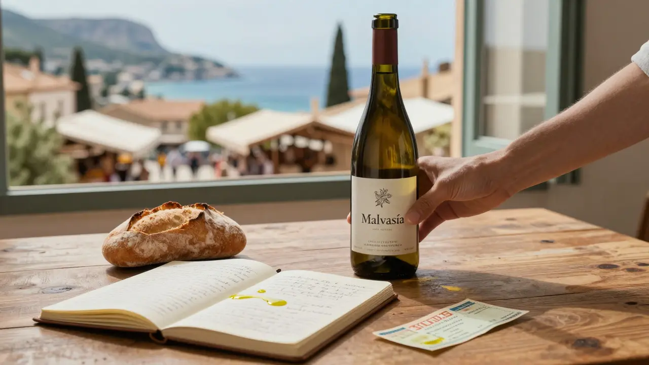 Mano colocando una botella de vino Malvasía sobre una mesa con pan, aceite y un boleto de tren, con fondos borrosos de paisajes mallorquines.