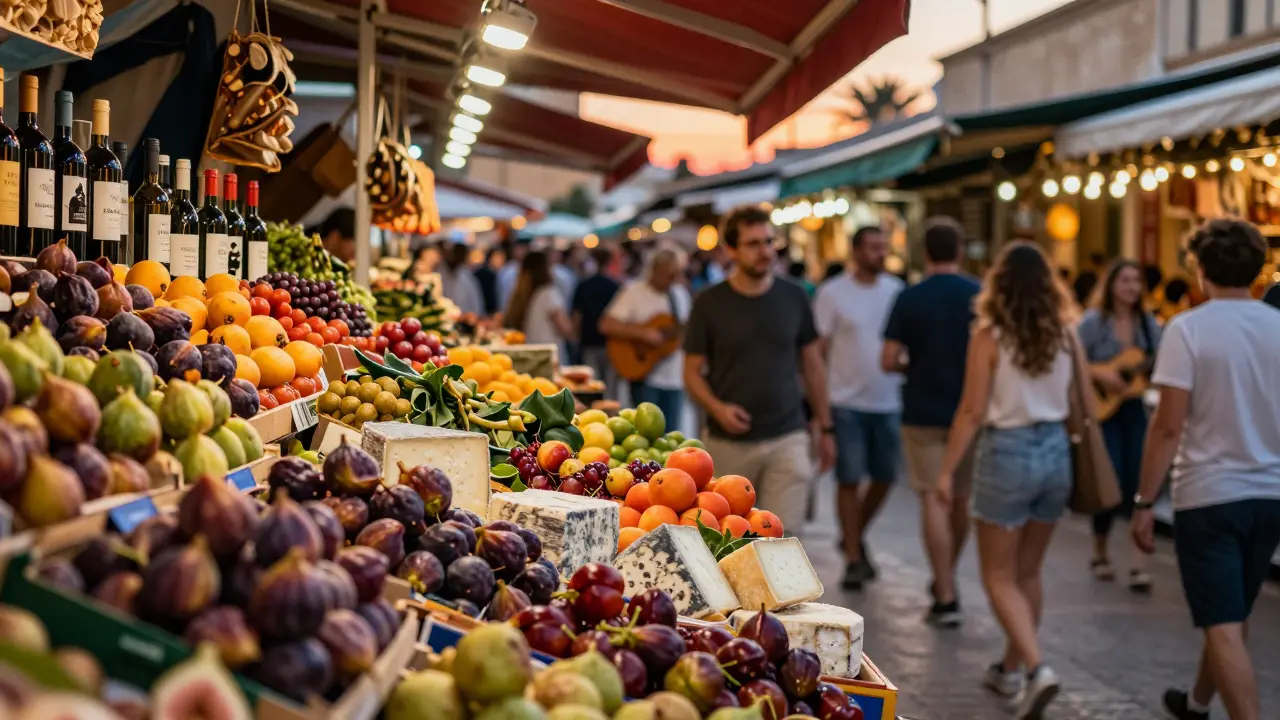 Mercado animado de Palma con frutas locales, queso y vino bajo luces de atardecer.