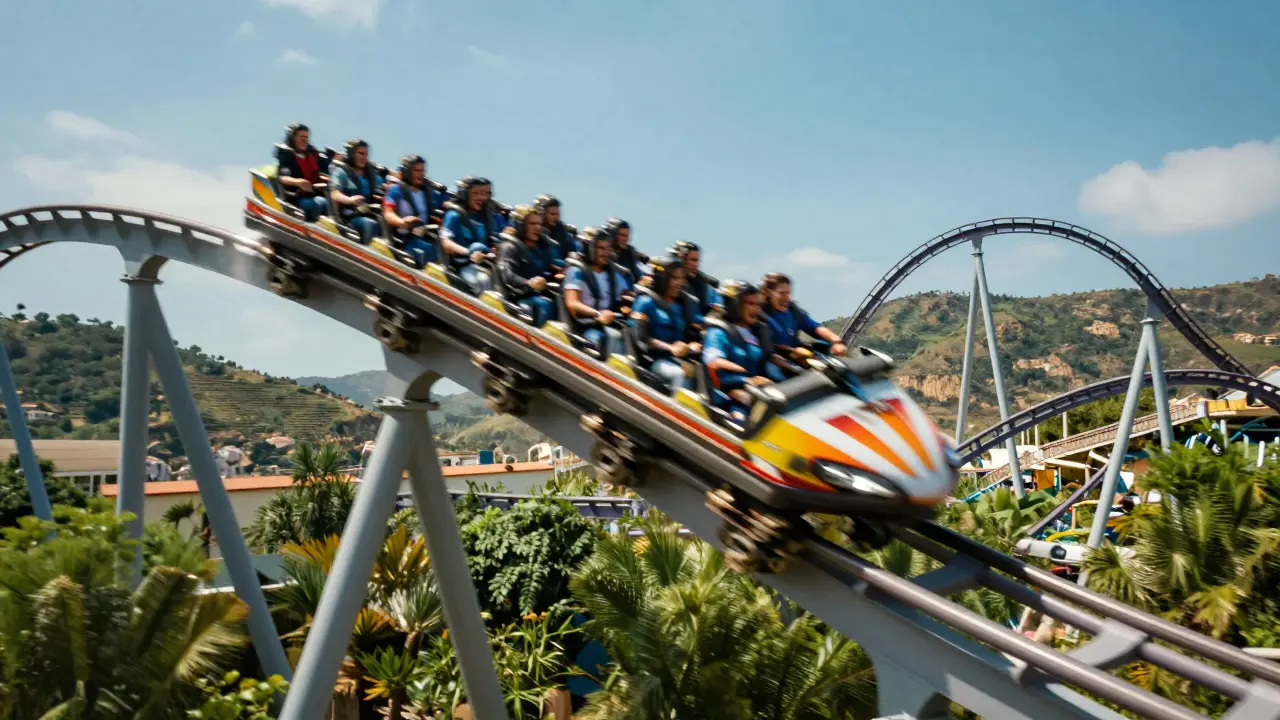 Montaña rusa Shambala en pleno descenso de 100 metros, con pasajeros en éxtasis y el paisaje español de fondo en PortAventura.