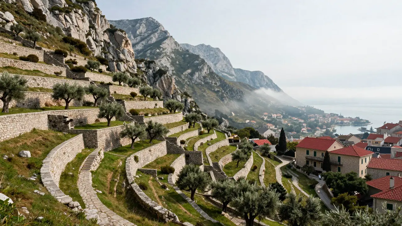 Montañas de la Serra de Tramuntana con muros de piedra y pueblos en las laderas, bajo una luz matutina suave.