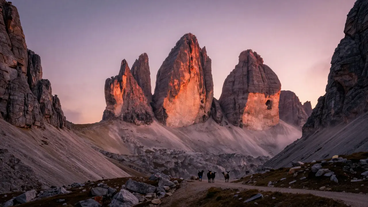 Monte Perdido al amanecer con sus tres cumbres como dedos levantados hacia el cielo, rodeado por acantilados y niebla en el valle.