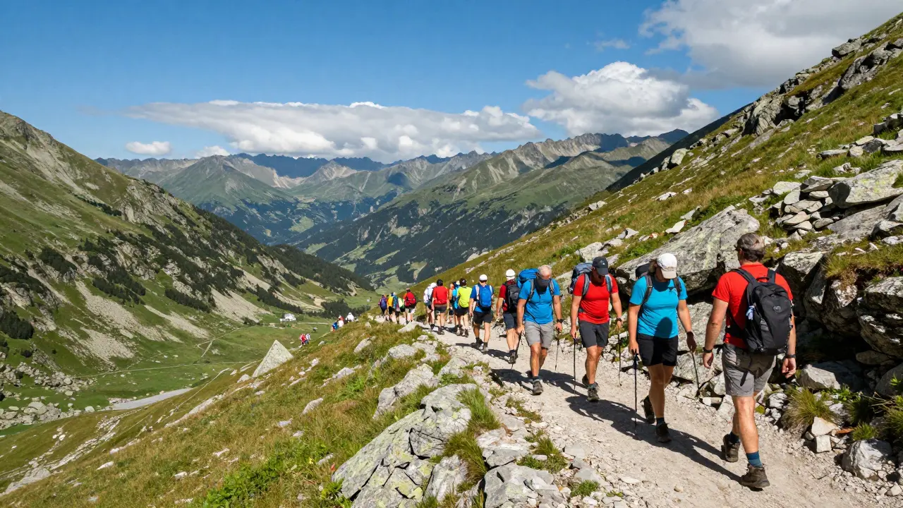 Multitud de senderistas en el camino GR-10 durante el verano, con valles verdes y cielos tormentosos al fondo.