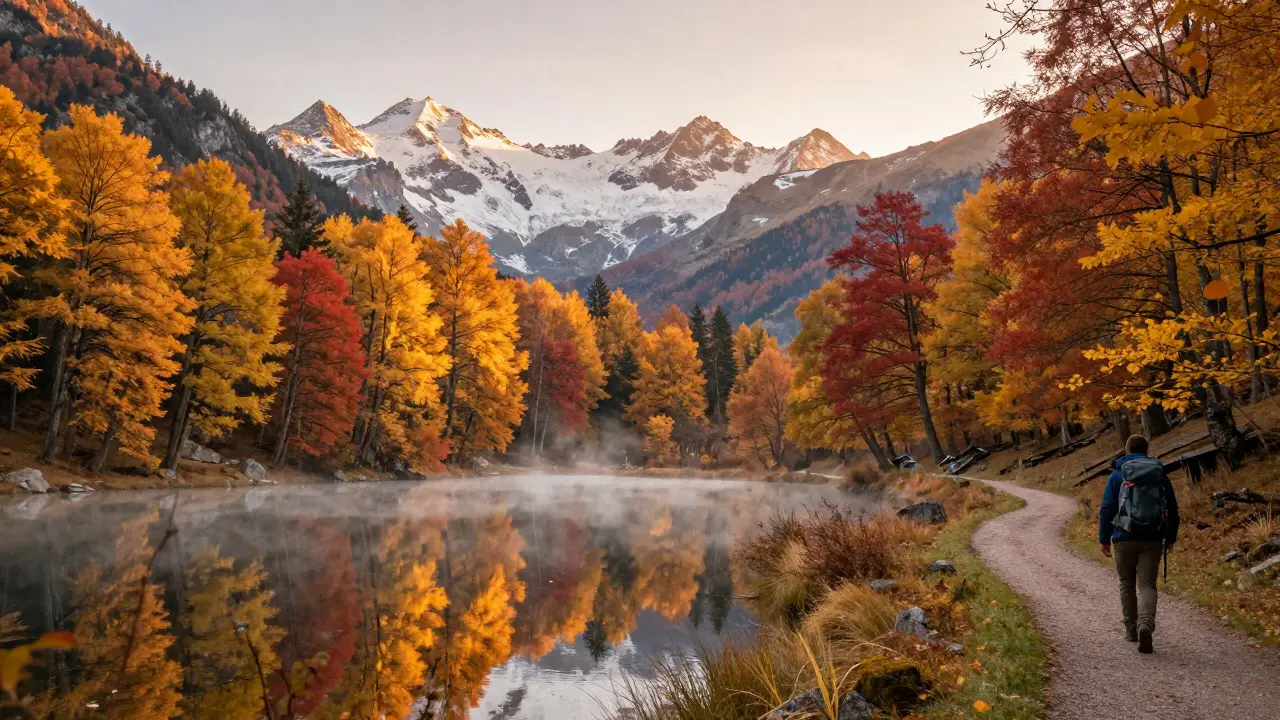 Paisaje otoñal de los Pirineos con bosques dorados, lago espejo y picos nevados al amanecer.