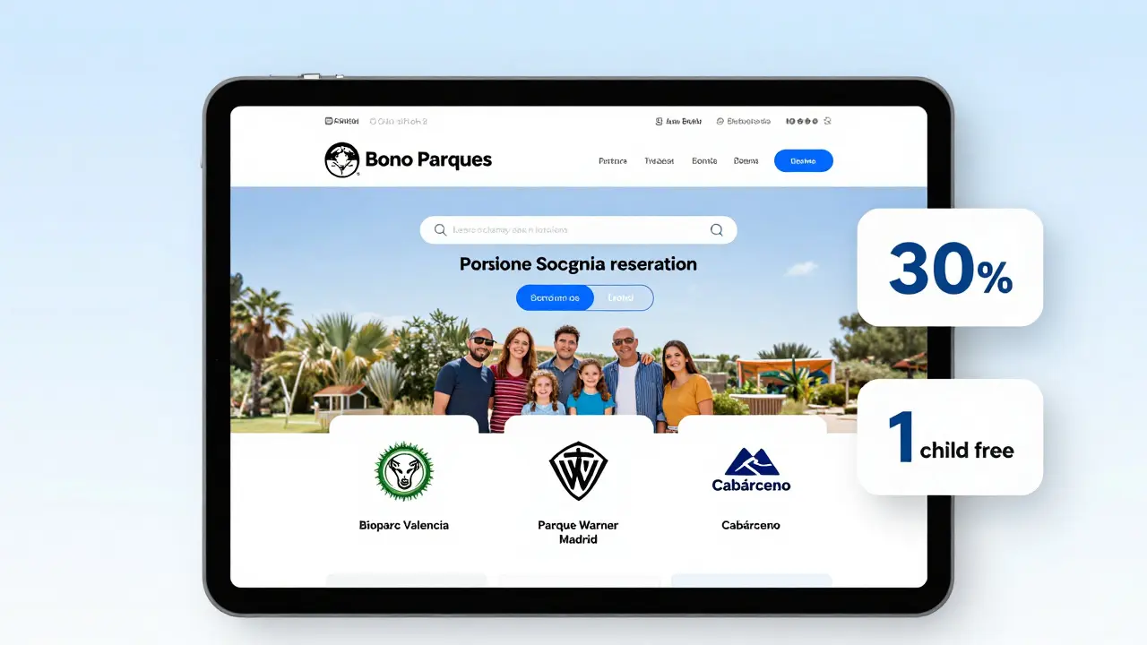 Pantalla digital mostrando la reserva del Bono Parques con descuentos destacados para tres parques españoles.