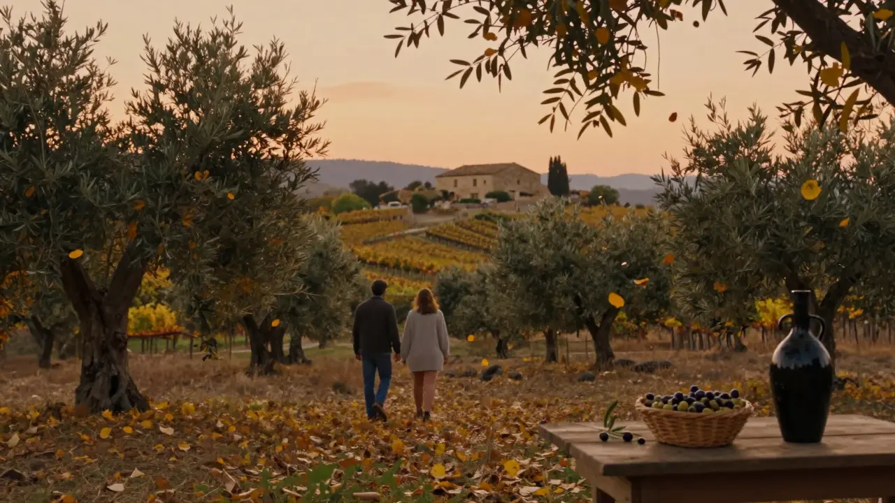 Pareja caminando entre olivos dorados en otoño, con granja de piedra al fondo.