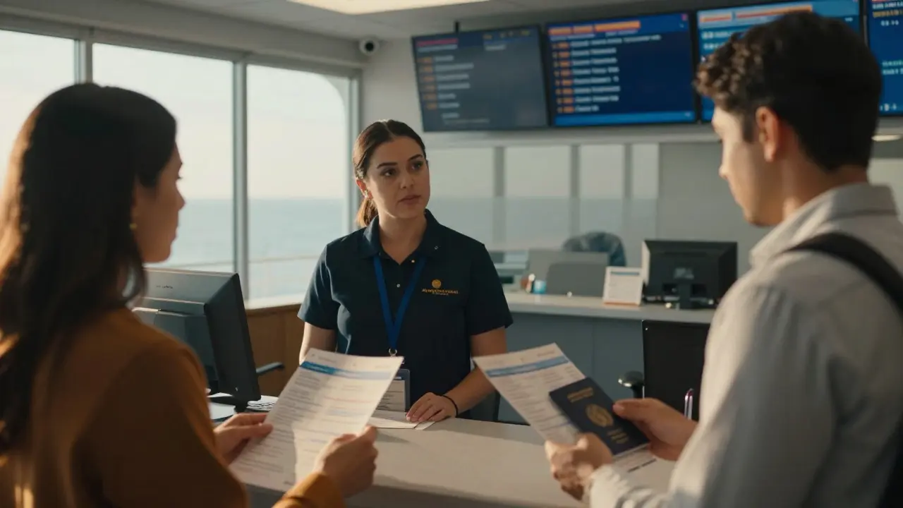 Pareja revisando itinerarios en oficina de reservas del puerto marítimo.