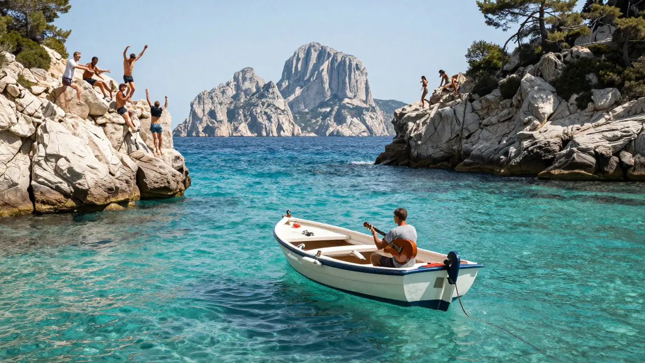 Pequeño barco local en aguas turquesas de Cala Conta, pasajeros saltando desde acantilados.