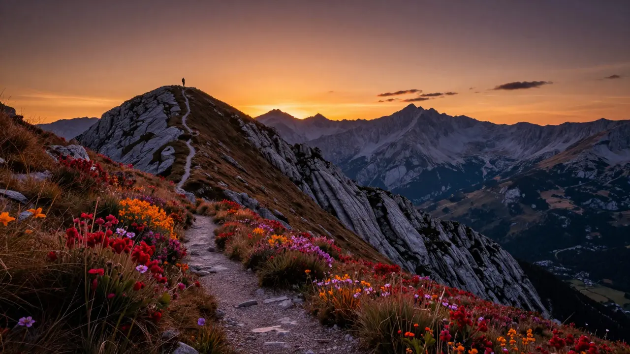 Pico de Posets al atardecer con sendero estrecho, flores silvestres y valles divididos por la frontera entre España y Francia.