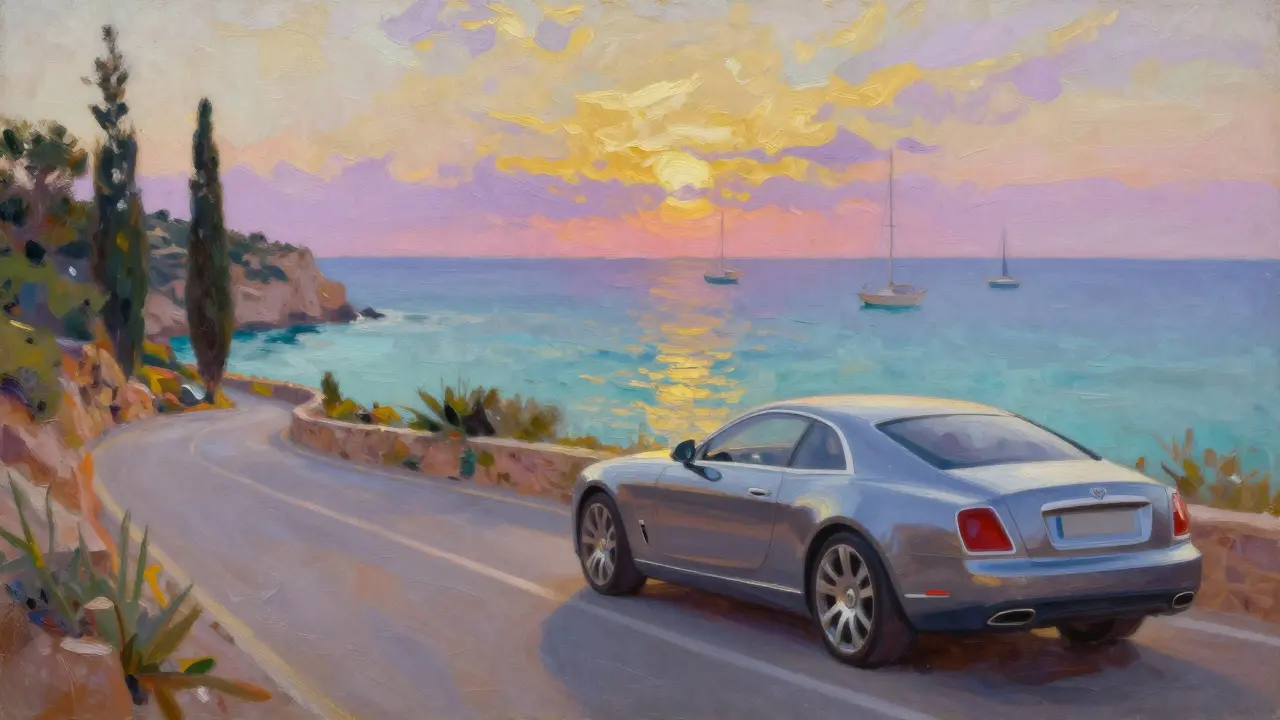 Pintura artística de coche en carretera costera de Ibiza al anochecer.