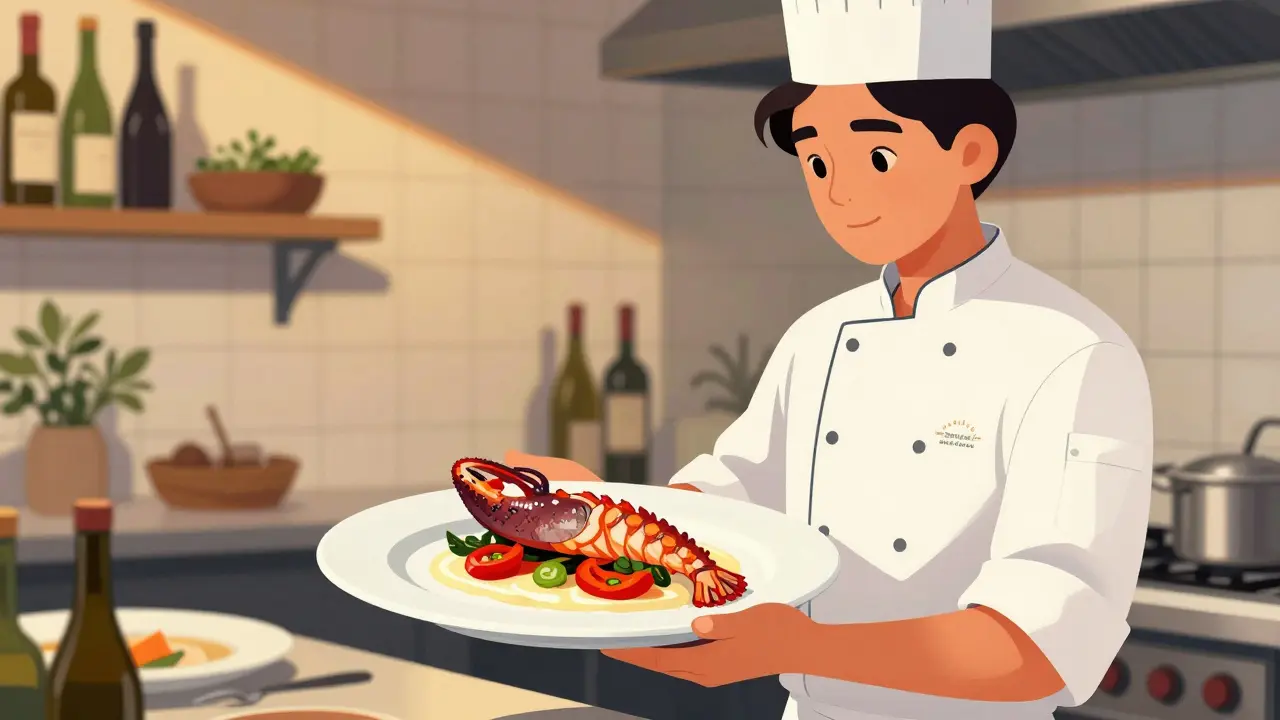 Plato de txangurro preparado por un estudiante en práctica en el restaurante Arzak, con iluminación dorada.