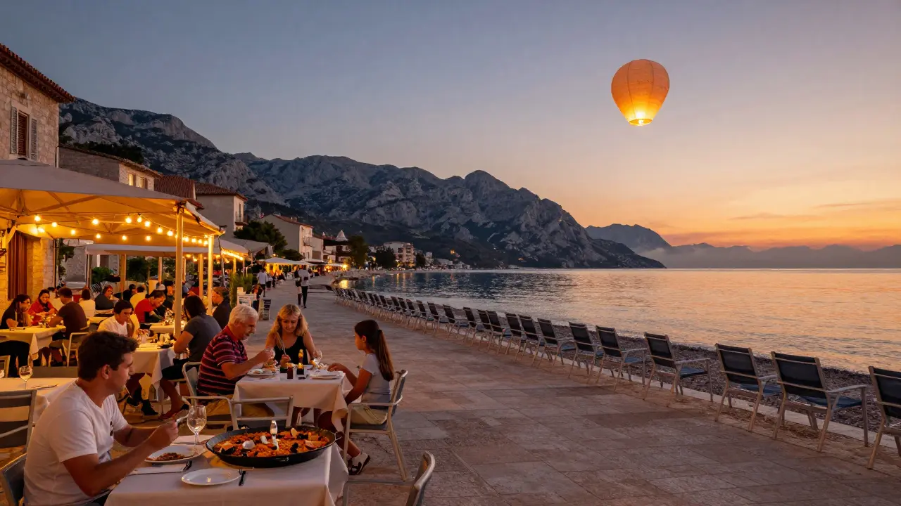 Plaza costera en septiembre al atardecer, con gente cenando bajo luces, mar sereno y montañas al fondo.