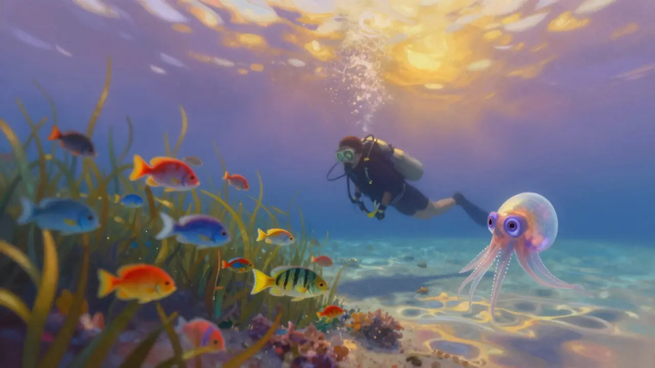 Principiante flotando sobre praderas de posidonia con peces coloridos al atardecer.