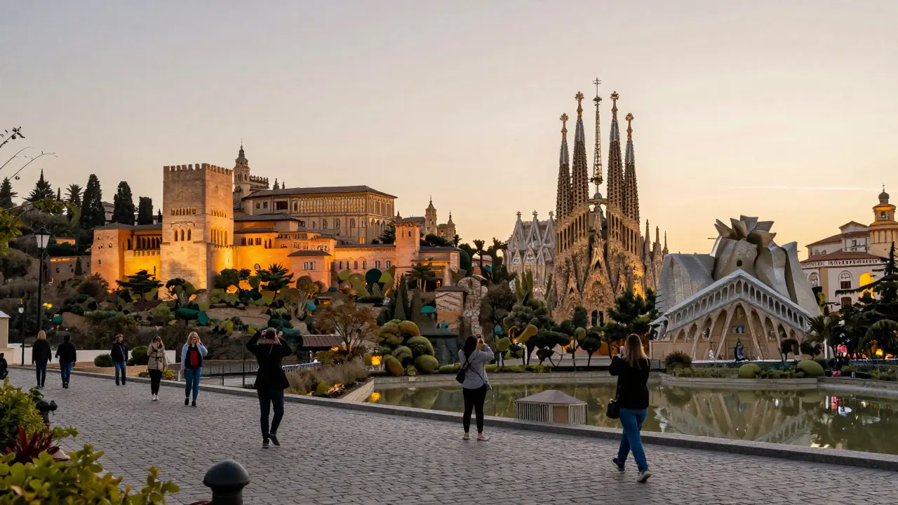 Réplicas en miniatura de monumentos españoles en Mini España, con visitantes paseando tranquilamente bajo la luz dorada del atardecer.