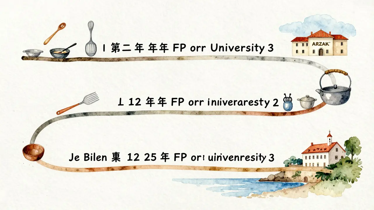 Representación artística del camino culinario en Bilbao: desde cursos cortos hasta grado universitario, con símbolos de la gastronomía vasca.