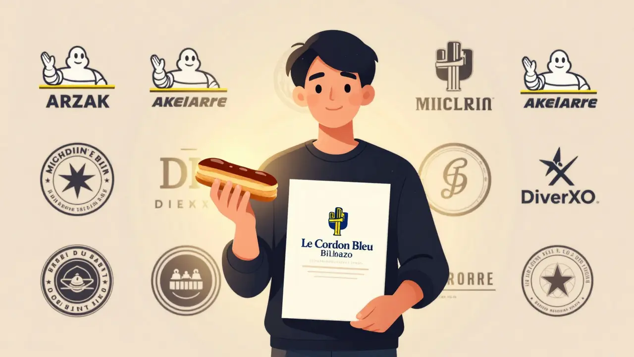 Un egresado sostiene su diploma de Le Cordon Bleu frente a los logotipos de restaurantes reconocidos.