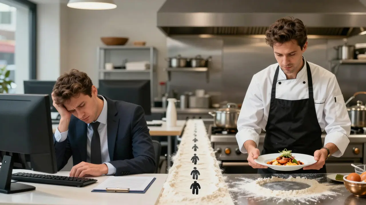 Un mismo persona transformada de oficinista a chef, en una escena dividida que muestra su cambio de vida.