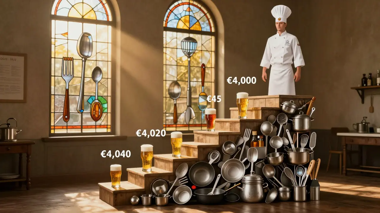 Una escalera simbólica que representa el progreso desde un taller de cocina económico hasta una formación profesional certificada.