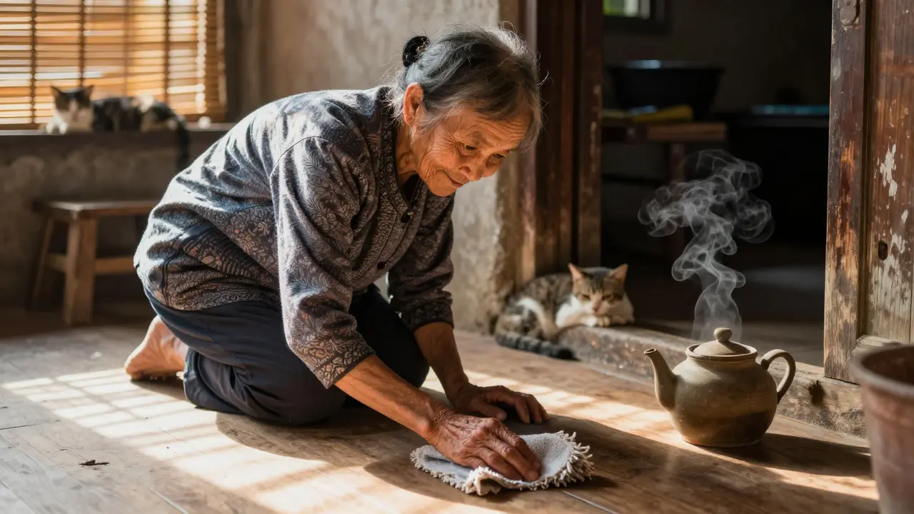 Una mujer en una casa vietnamita limpia el suelo con un trapo viejo, con un gato dormido en el umbral y luz solar entrando por las persianas.
