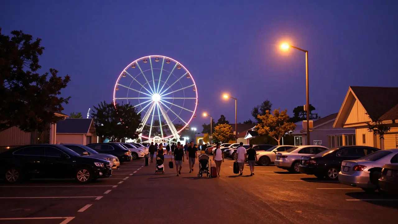 Vista nocturna del parque iluminado desde el estacionamiento con familias saliendo.