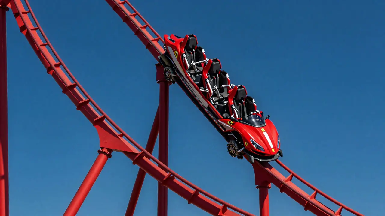 Atracción Red Force de Ferrari Land en PortAventura bajo el sol español.