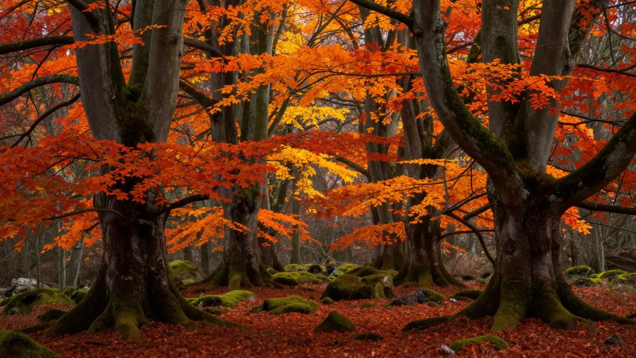 Bosque de hayas y robles en la Selva de Irati con colores otoñales rojos y dorados.