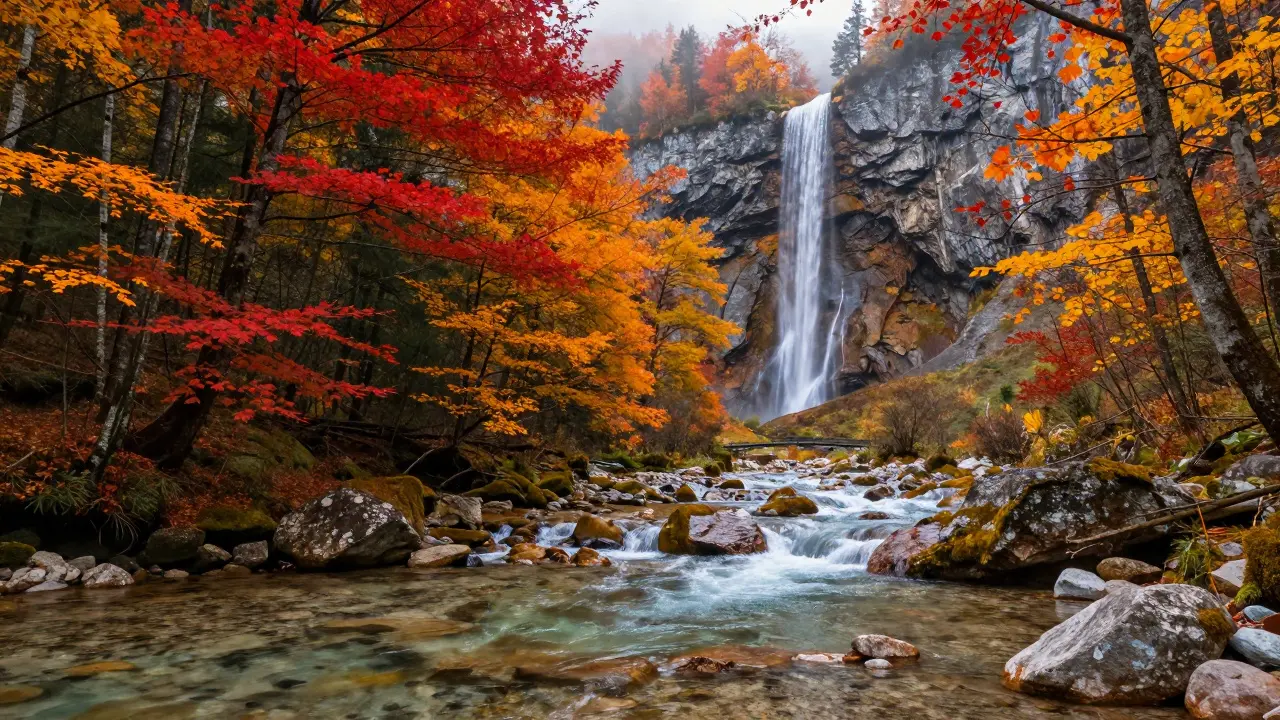Bosque otoñal con río y cascada en el Parque Nacional de Ordesa y Monte Perdido