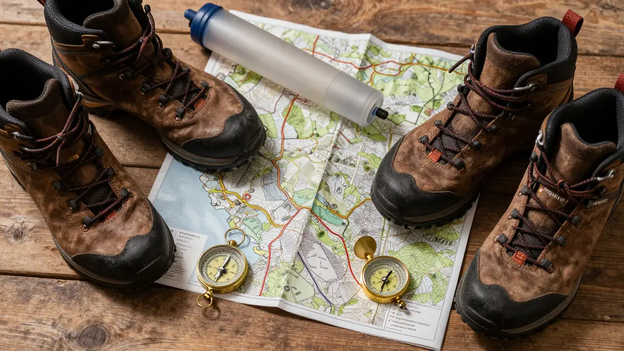Botas de montaña, filtro de agua y mapa sobre madera para planificar una ruta.