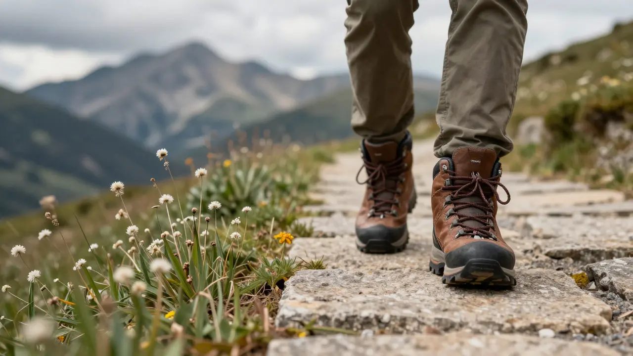 Botas de senderismo caminando por un sendero señalizado en los Picos de Europa
