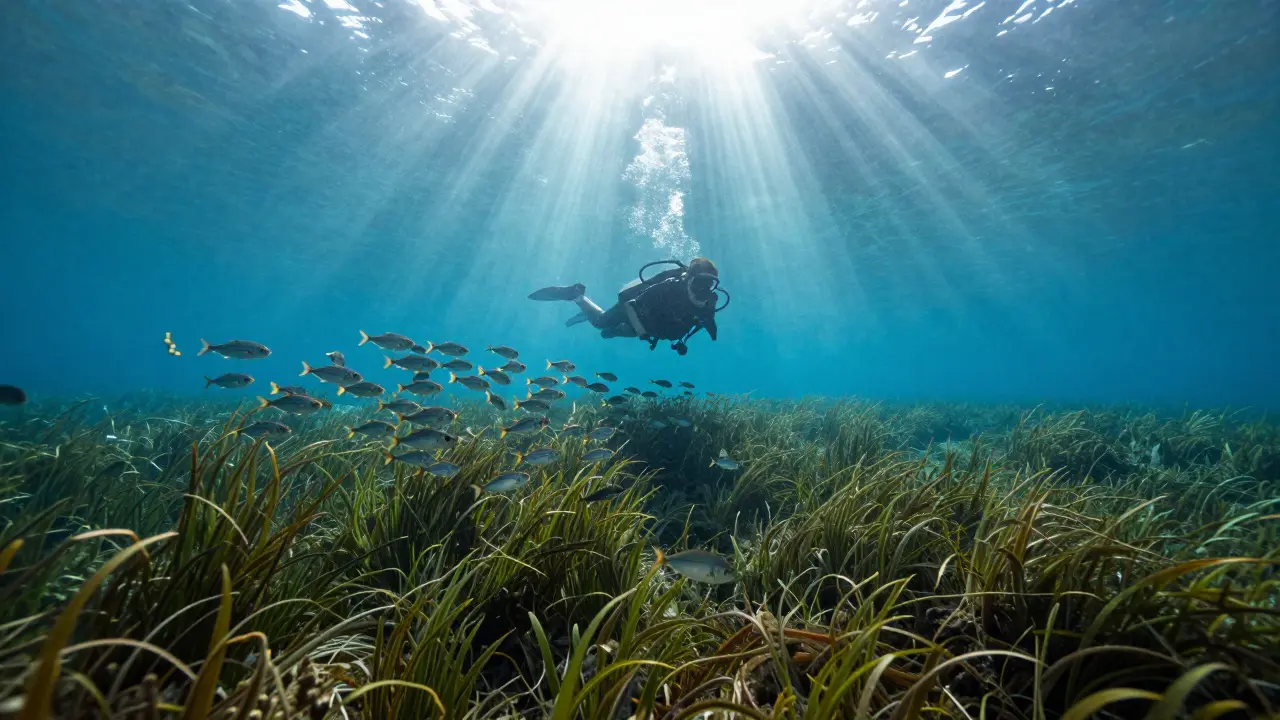 Buceador nadando entre bancos de peces plateados y praderas marinas en la Costa Brava.