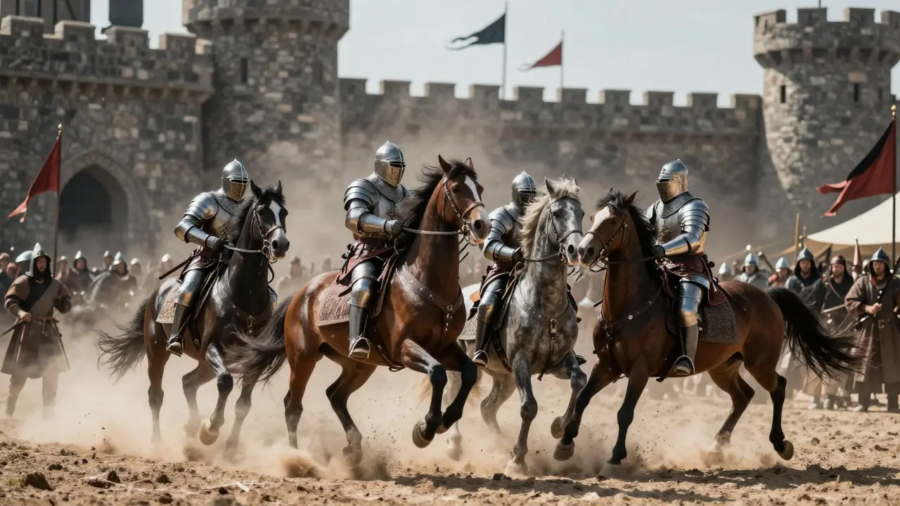 Caballeros y caballos en una batalla histórica recreada en un gran escenario