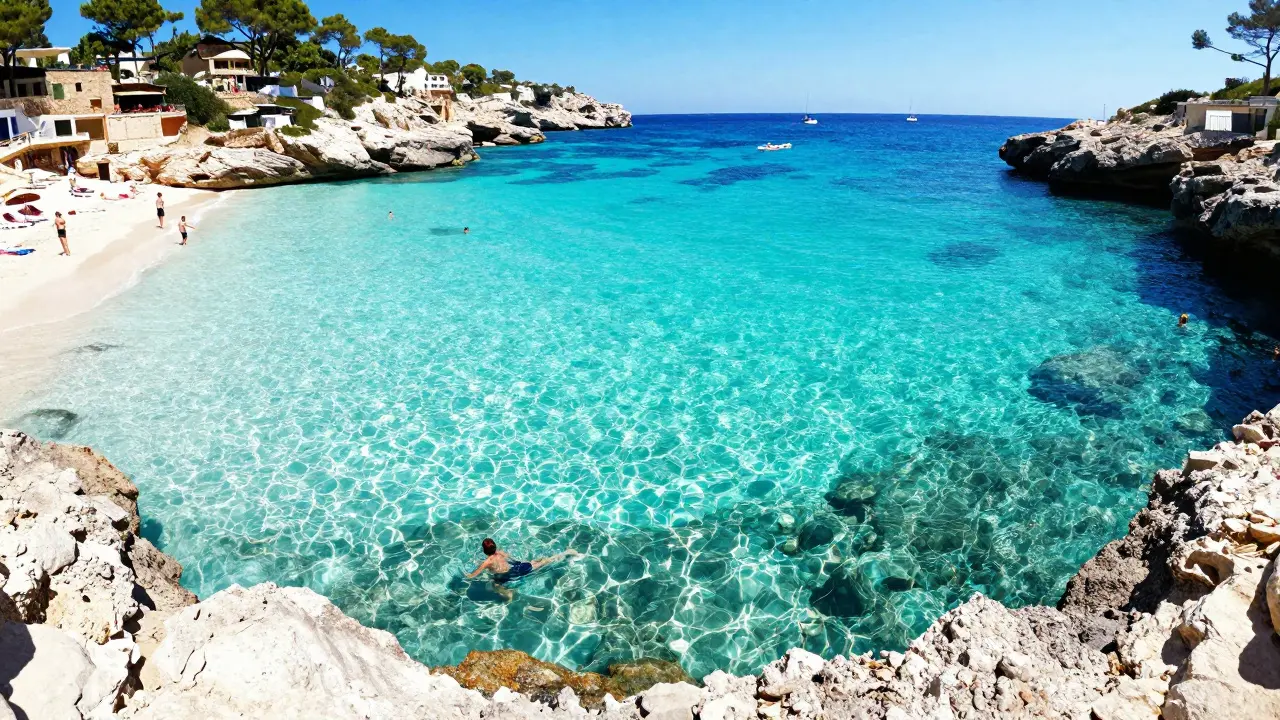 Cala de aguas turquesas y arena blanca bajo el sol intenso del verano en Mallorca.