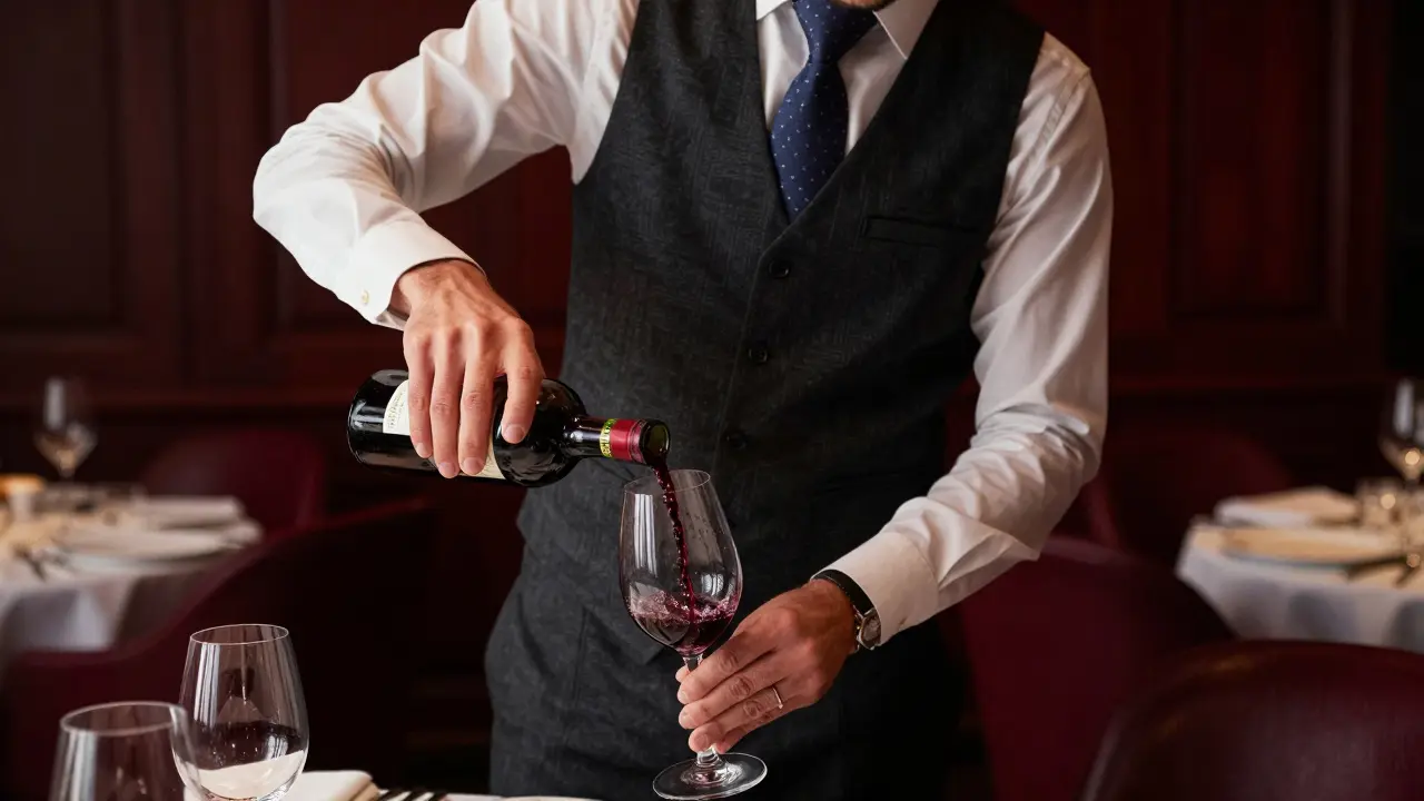 Camarero especializado sirviendo vino en un restaurante de lujo en Abando
