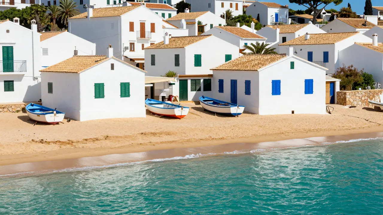 Casas blancas tradicionales y barcas sobre la arena en Calella de Palafrugell.