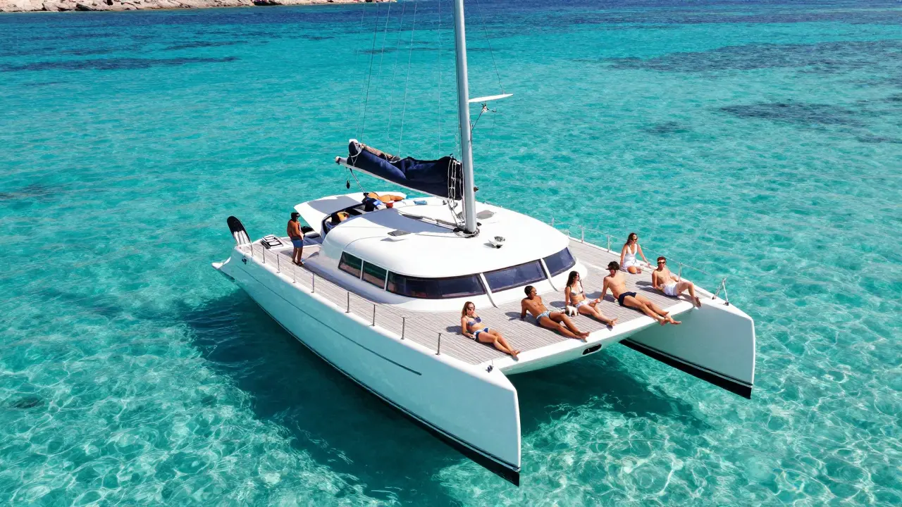 Catamarán navegando por las aguas turquesas entre Ibiza y Formentera.