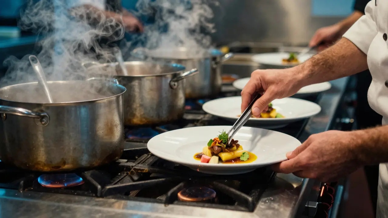 Chef en acción preparando un plato en una cocina industrial llena de vapor y movimiento.