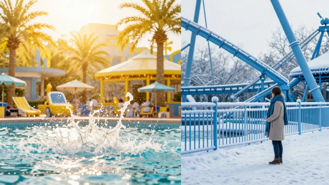 Comparativa visual entre el calor del verano y el frío del invierno en el parque temático.